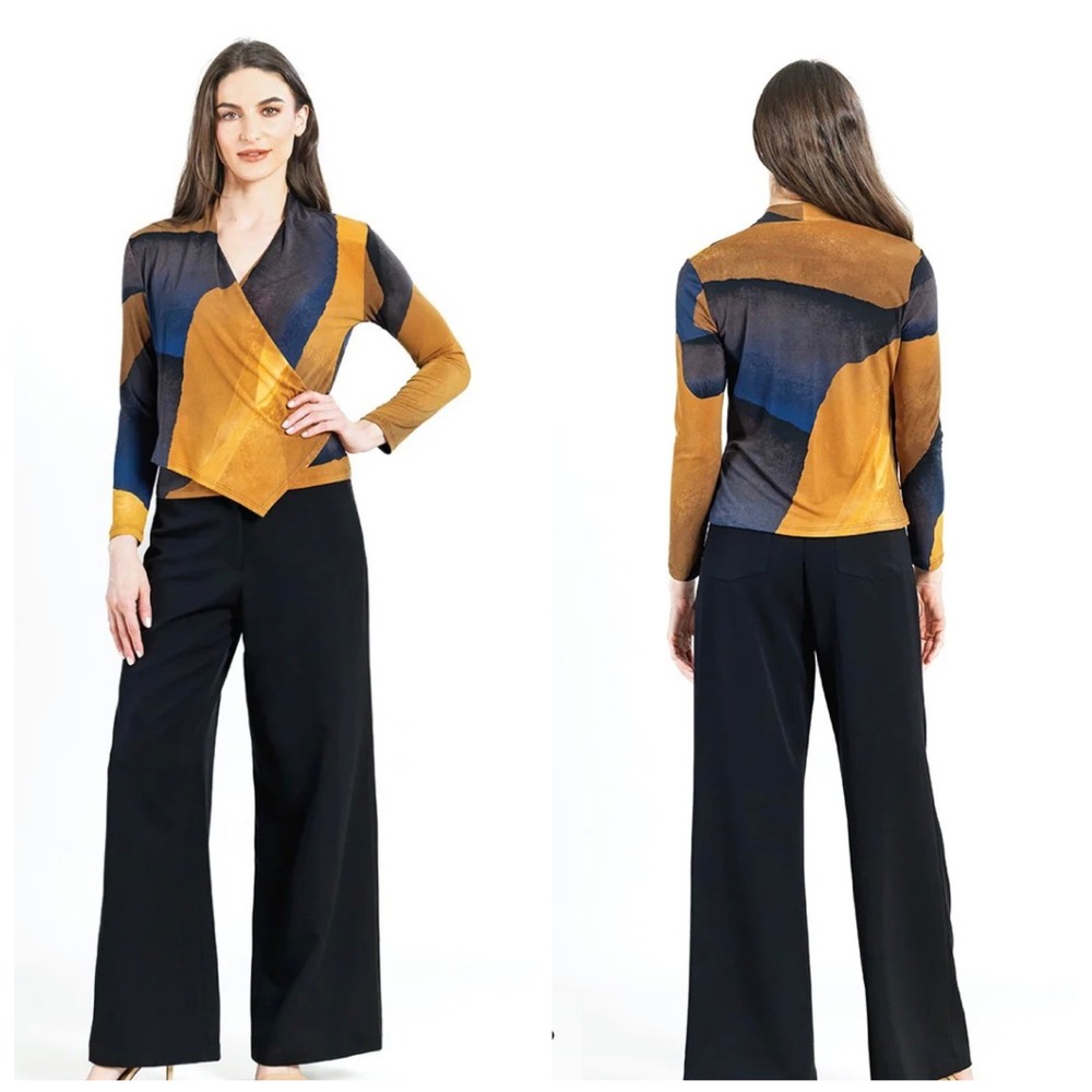 Clara Sunwoo Wrap Top Womens Medium Rust Navy Abstract Art To Wear Draped USA